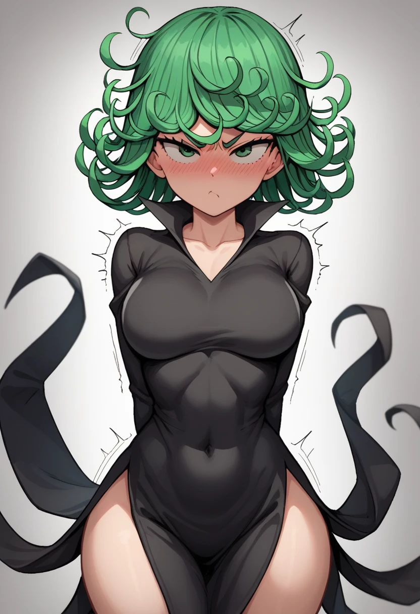 score_9, score_8_up, score_7_up, source_anime, best quality, clear face,Tatsumaki, green hair, green eyes, medium hair, large breasts, perfect body, looking at , cute serius,pissed,blush,wearing black dress,view ,big tit,hot,r,motion lines,motioon lines,standing,