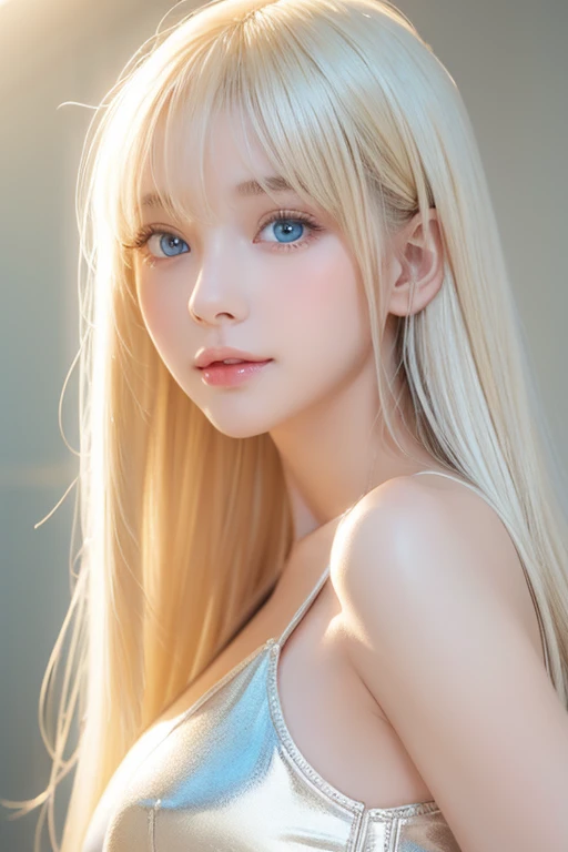 Highest quality、masterpiece、Ultra-high resolution、(Photorealistic:1.4)、1 Girl、14 years old、The ultimate beautiful girl、Very beautiful shiny light pale blonde hair、Super long straight silky hair、bangs over eyes、片bangs over eyes、Blonde hair between the eyes、Blonde hair hanging in the center of the face、Big, very bright, pale blue eyes that shine beautifully、Very big bright eyes、Eye highlights、shoulder、Charm、Looking at the camera、Very white and bright skin、Small Face Beauty、Round face、A shy, gentle and bright expression、Looking up、Cheek gloss highlighter