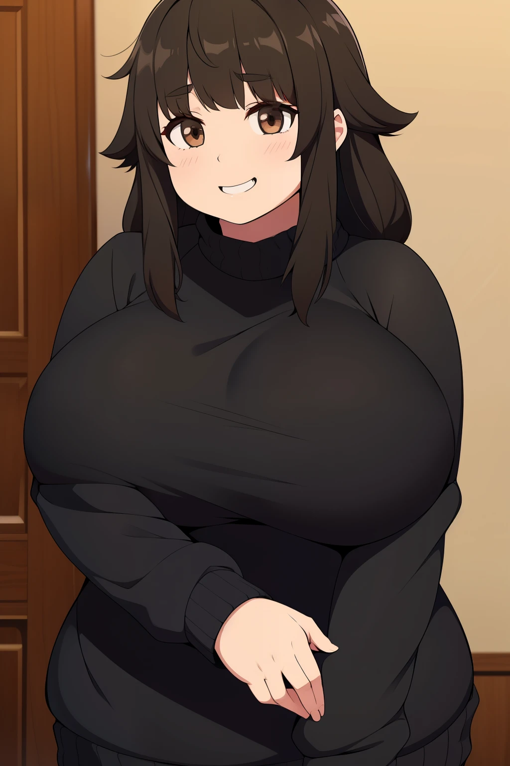 Chubby girl with big breasts brown eyes long and messy black hair smiling jinako carigiri black sweater 