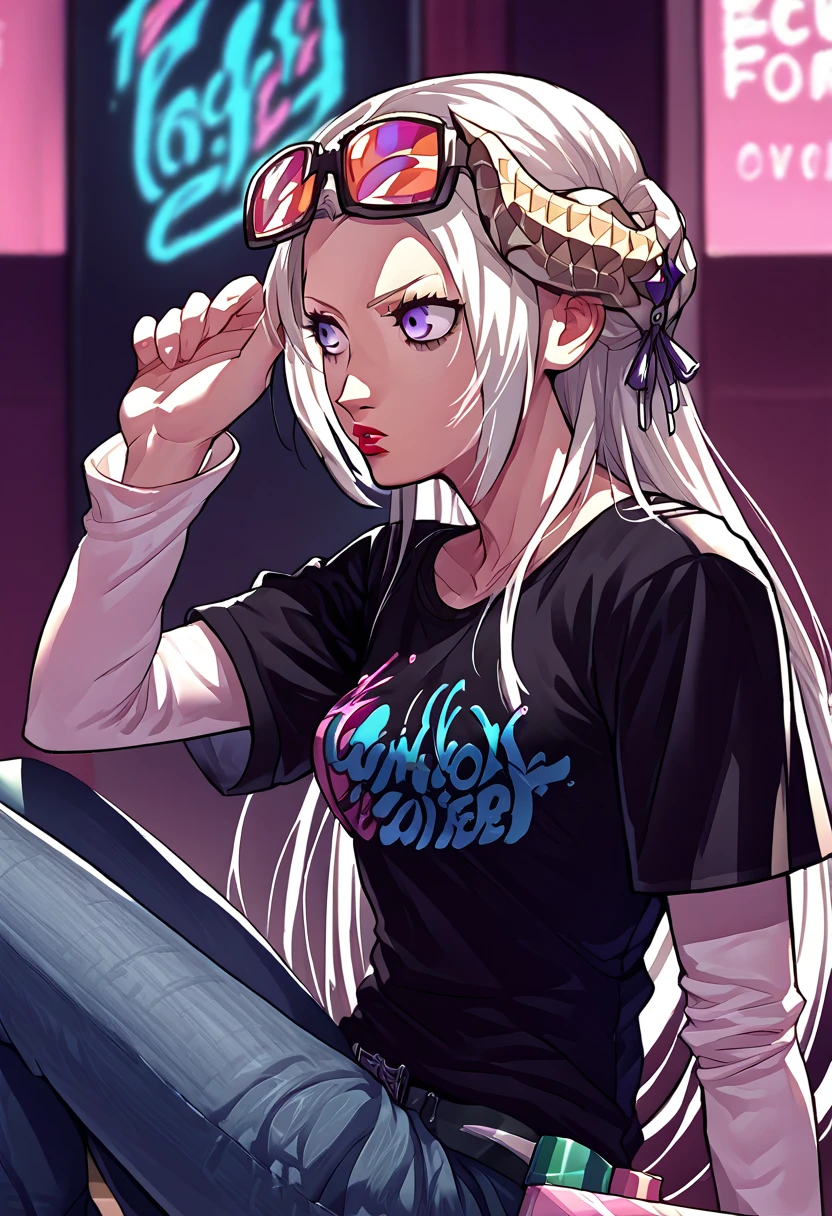 score_9, score_8_up, score_7_up, source_anime, 1girl, sunglasses on head, lipstick, black t-shirt, clothes writing, layered sleeves, medium breasts, jeans, Edelgard Von Hresvelg, white hair, purple eyes