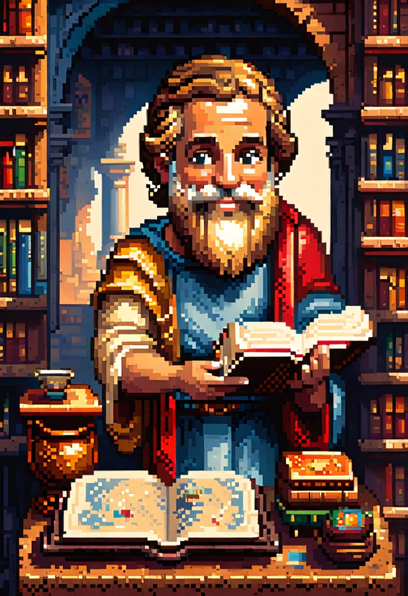 Pixel Art , Vintage Style Figures, Plato is holding an open Bible in both hands and reading.，with a smile (masterpiece, best quality , Perfect composition, Ultra HD, fine details , major, Official Art , Representative Works:1.3)
