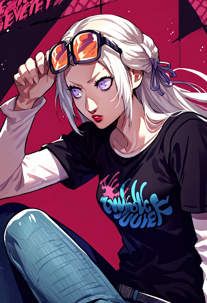 score_9, score_8_up, score_7_up, source_anime, 1girl, sunglasses on head, lipstick, black t-shirt, clothes writing, layered sleeves, medium breasts, jeans, Edelgard Von Hresvelg, white hair, purple eyes