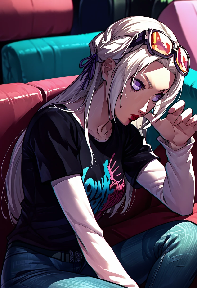 score_9, score_8_up, score_7_up, source_anime, 1girl, sunglasses on head, lipstick, black t-shirt, clothes writing, layered sleeves, medium breasts, jeans, Edelgard Von Hresvelg, white hair, purple eyes