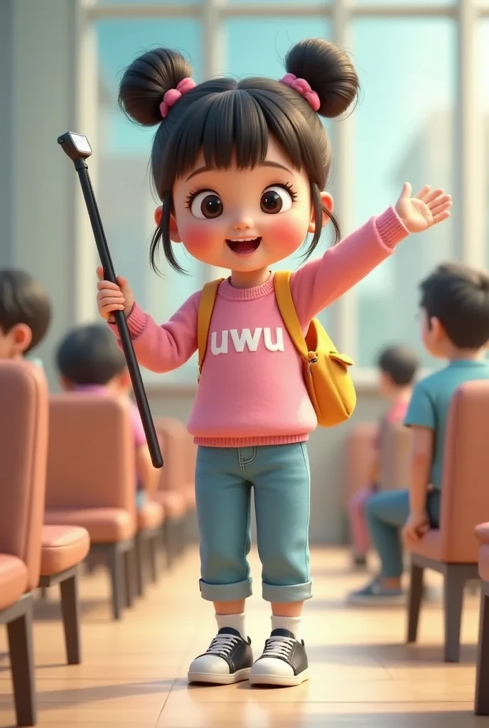 A lively, cheerful scene in a busy train station, styled in Pixar 3D animation with a soft pastel color palette. Up close, Uwu, a cute and adorable  girl with her hair styled in two buns and bangs, is holding a long selfie stick with one hand, actively vlogging while talking. The selfie stick is extended outward, and Uwu's excited expression suggests that he is introducing his viewers to the lively surroundings. Her cheeks were flushed, and she had a bright and cheerful smile. She wore a pink sweater with white "uwu" written on the front, long blue cargo and yellow carrier. The background depicts a busy train station filled with rows of chairs in a waiting area, passengers sitting and standing, and a train visible on a platform in the distance. The composition focuses on Uwu in the foreground, capturing his vibrant energy and enthusiasm, while the station's activities create a lively and engaging atmosphere. The setting feels dynamic and family-friendly, perfect for a fun travel vlog.