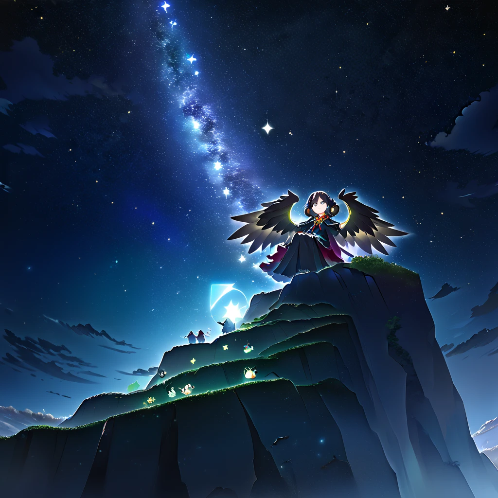 ((A low-angle shot of a harpy girl perched on a cliff edge, gazing up at a starry sky. Her wings are spread wide, and the moonlight illuminates her features, creating a magical atmosphere)),Value, 2D CGI, dynamic angles, body language, gestures, color psychology, anime expressions, high-quality, perfect anatomy, 4K, SFW, overlap, shadows, dimensionality, foreshortening, scenery, modest attire, facial expression, eye reflections, varied dimensions, full color, essence, quirky traits