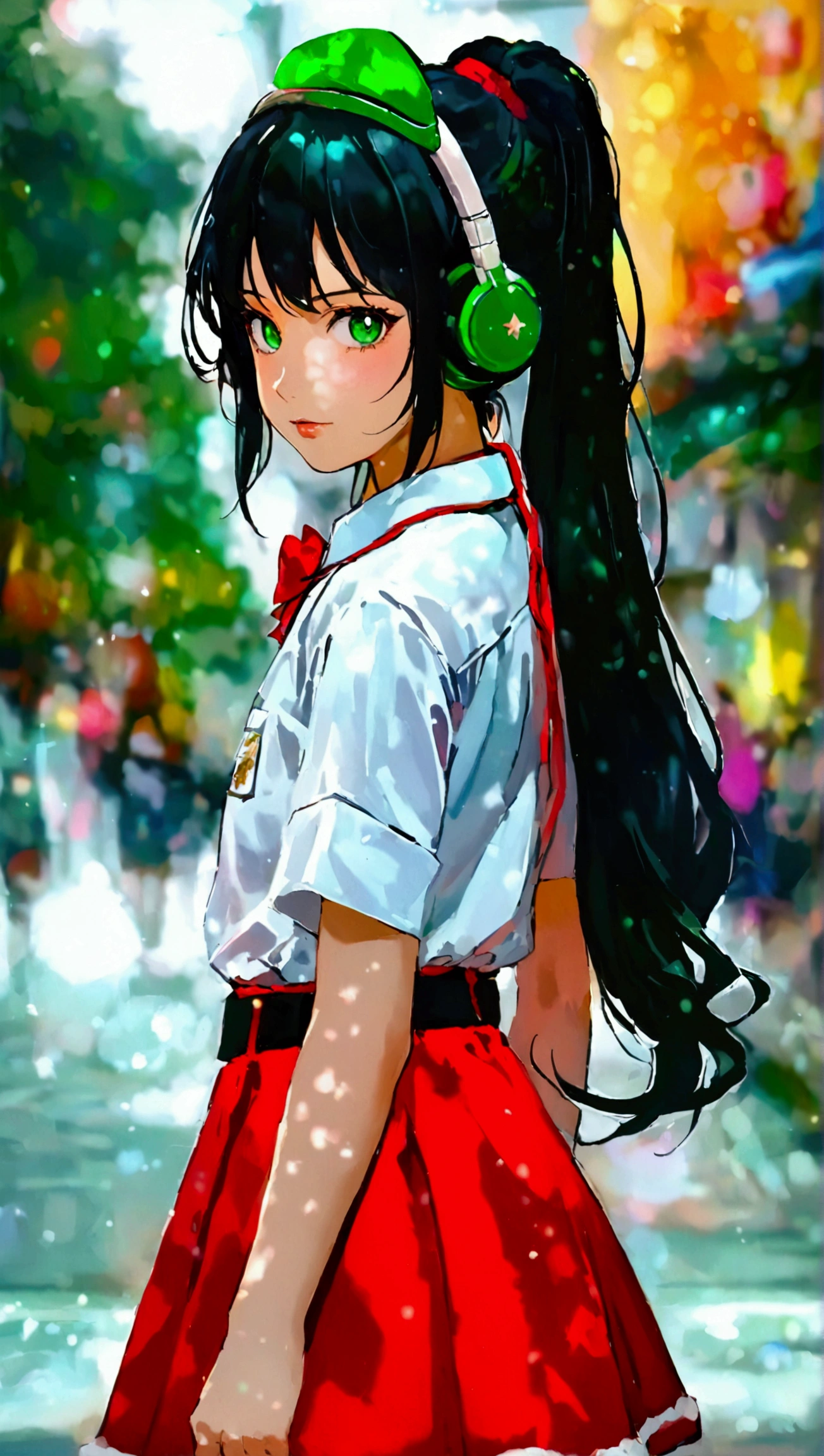 A woman wearing a high school girls uniform, green in color, sexy and popular with women all over the world. She likes the color green. Front view from head to toe. Sexy shoes. Gentle eyes and beautiful voice. Please generate a full body front image. Generate so that her entire figure is visible in the image. Long black hair tied back. Her chest is hidden by the costume but is large, her hair is tied up and is black in color. She is standing tall and looking at me from the front. Draw so that she is visible from head to toe. Her hair is tied up. The costume is a Santa Claus miniskirt, green in color, a cheerful girl wearing futuristic headphones, standing on the street with her legs spread and looking at me. Her breasts are developed but covered by the high school girls uniform.