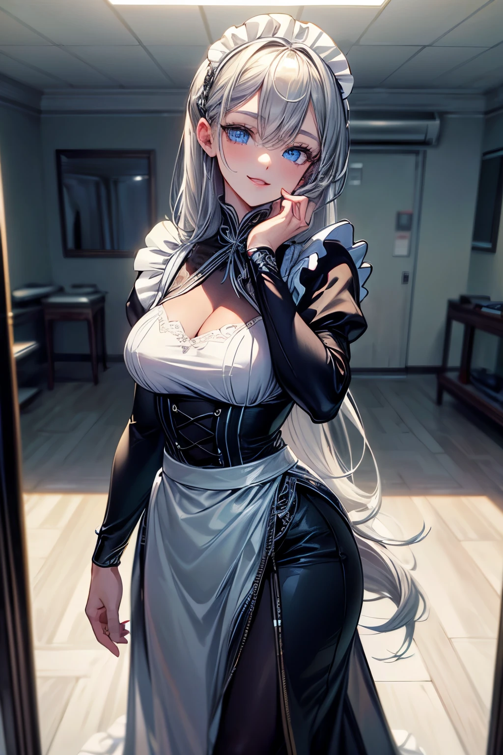 ((masterpiece、highest quality、High resolution、8K))、One female、(attractive woman)、silver hair、long hair、messy hair、smile、black eyes、detailed eyes、white headband、break、Black backless maid outfit、Head to knee、From the side、Living room of a luxurious mansion、Highly detailed animated illustrations、
