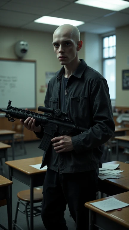 A pale, gaunt young man in his early 20s, dressed in dark clothing and holding a semi-automatic rifle with a tense grip. His face is emotionless, with hollow eyes and a withdrawn expression, lit harshly by fluorescent classroom lighting. The background shows an empty, disheveled classroom, with overturned desks and scattered papers. The atmosphere is chilling and tense, evoking a sense of fear and chaos.