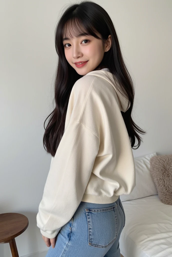 highest quality, Realistic, Very detailed, Finer details, High resolution, 8k wallpaper, One beautiful woman Standing in the house:1.3(white wall background), smile, Oversized hoodie, Skinny jeans, Black Hair, Beautiful Bangs, Perfect dynamic composition, Beautiful and detailed, A big smile waiting to start. Selfie shot. socmed