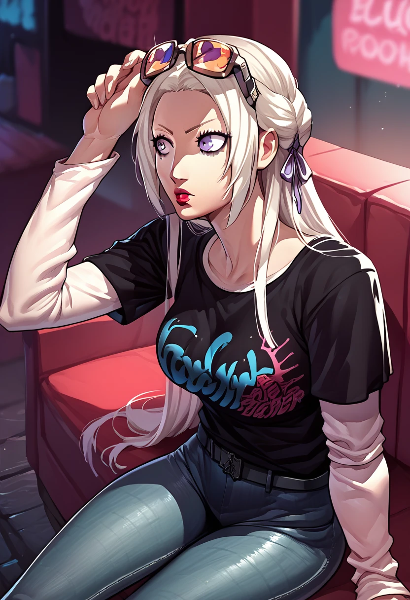 1girl, sunglasses on head, lipstick, black t-shirt, clothes writing, layered sleeves, large breasts, jeans, Edelgard Von Hresvelg, white hair, purple eyes