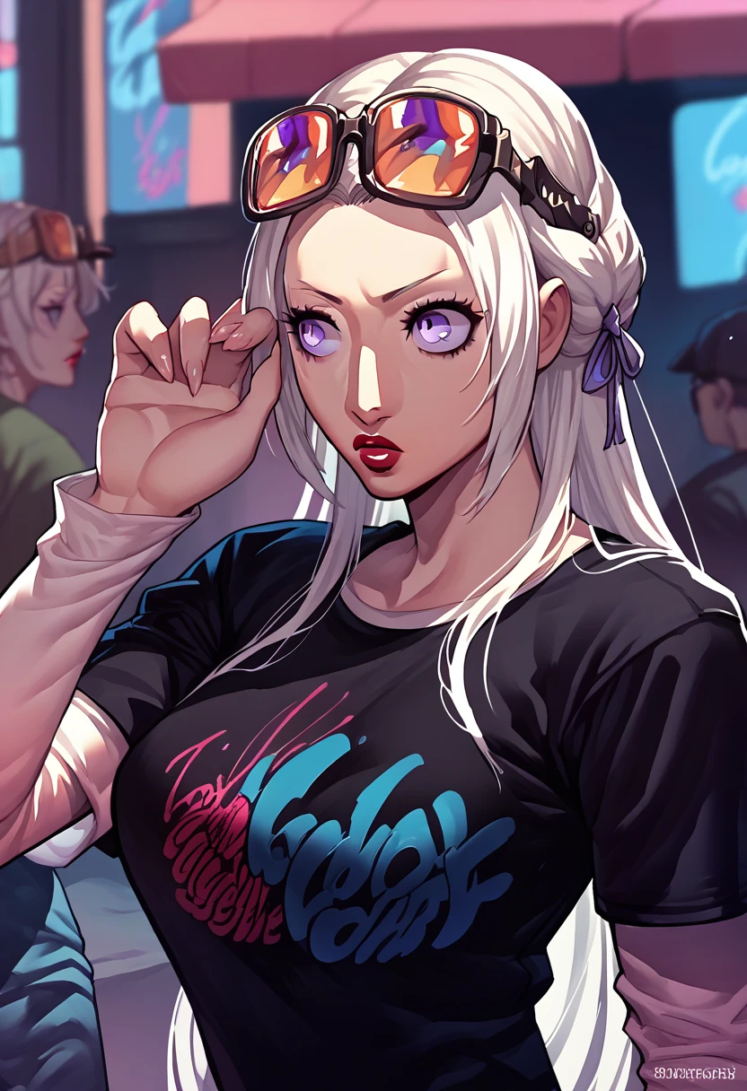 1girl, sunglasses on head, lipstick, black t-shirt, clothes writing, layered sleeves, large breasts, jeans, Edelgard Von Hresvelg, white hair, purple eyes