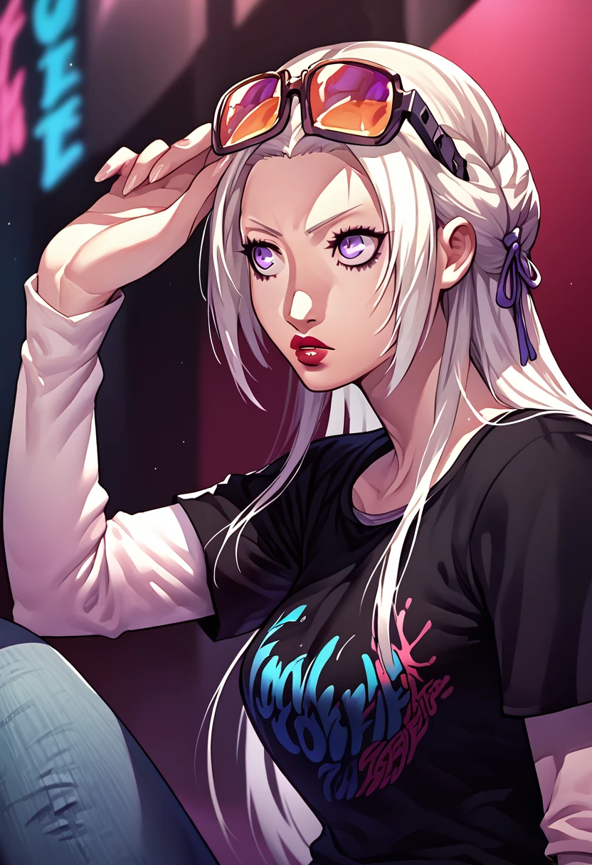 1girl, sunglasses on head, lipstick, black t-shirt, clothes writing, layered sleeves, large breasts, jeans, Edelgard Von Hresvelg, white hair, purple eyes