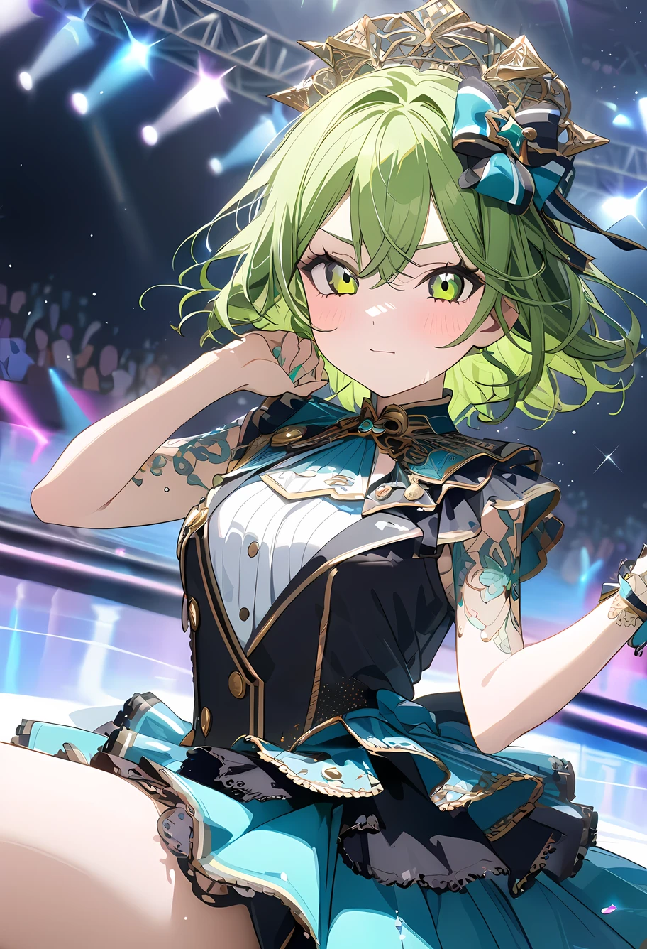 (((Best quality, 8k, Masterpiece: 1.3)), ((best quality)), ((masterpiece)), (detailed), perfect face, perfect body, (detailed skin:1.3), (intricate details), green hair, expressive hair, medium hair, idol