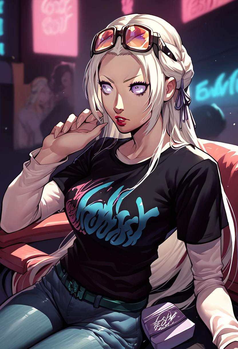 1girl, sunglasses on head, lipstick, black t-shirt, clothes writing, layered sleeves, large breasts, jeans, Edelgard Von Hresvelg, white hair, purple eyes