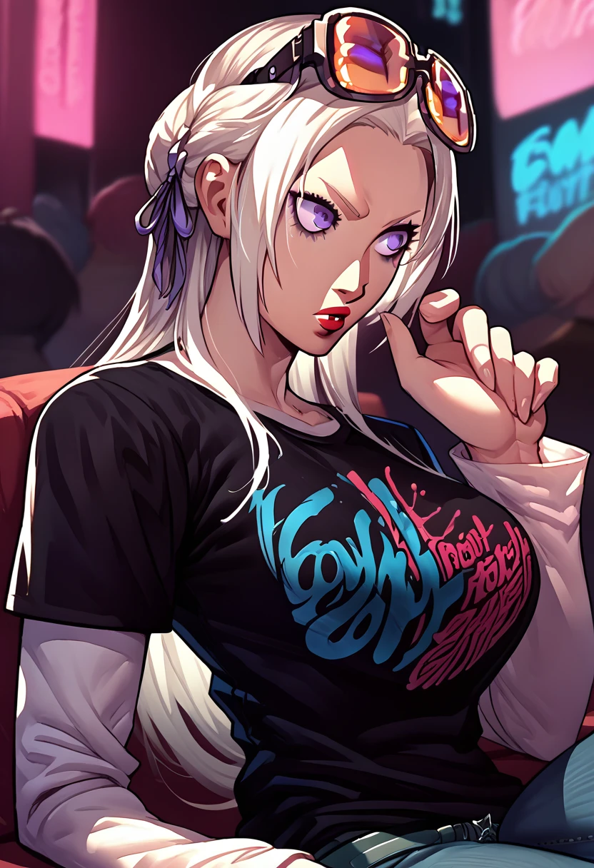 1girl, sunglasses on head, lipstick, black t-shirt, clothes writing, layered sleeves, large breasts, jeans, Edelgard Von Hresvelg, white hair, purple eyes