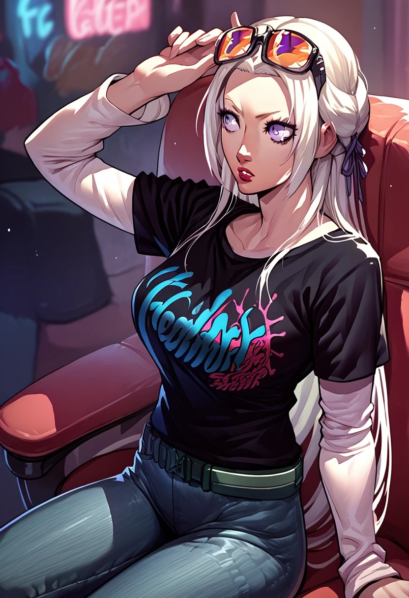 1girl, sunglasses on head, lipstick, black t-shirt, clothes writing, layered sleeves, large breasts, jeans, Edelgard Von Hresvelg, white hair, purple eyes