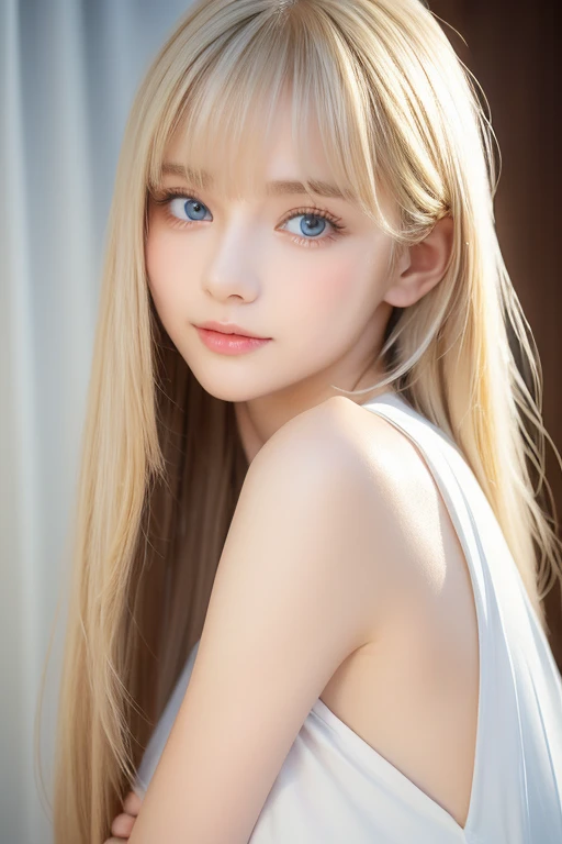  portrait、very white high school girl、Young, white, shiny skin 、Best Looks、Blonde Reflected Light 、 Platinum Blonde Hair with Dazzling Highlights 、 shiny bright hair 、super long silky super long straight hair、Shiny, beautiful bangs、Shining crystal clear and attractive large bright, very bright skylight blue eyes、A lovely young, cute, innocent  girl with a very beautiful innocent appearance 、 raise one arm、Full-bodied Esbian、 beautiful breasts、Small Face Beauty、round face、 bangs over eyes 、Bangs between the eyes、 cheek gloss highlights