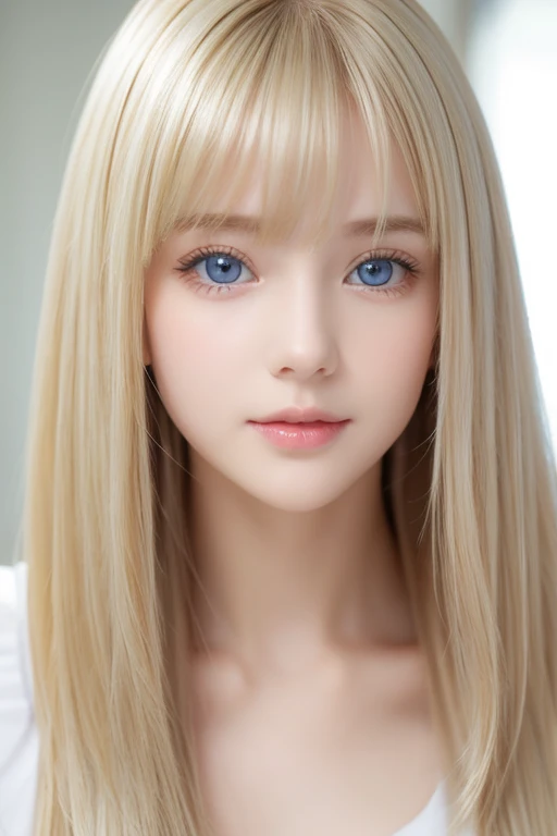  portrait、very white high school girl、Young, white, shiny skin 、Best Looks、Blonde Reflected Light 、 Platinum Blonde Hair with Dazzling Highlights 、 shiny bright hair 、super long silky super long straight hair、Shiny, beautiful bangs、Shining crystal clear and attractive large bright, very bright skylight blue eyes、A lovely young, cute, innocent  girl with a very beautiful innocent appearance 、 raise one arm、Full-bodied Esbian、 beautiful breasts、Small Face Beauty、round face、 bangs over eyes 、Bangs between the eyes、 cheek gloss highlights