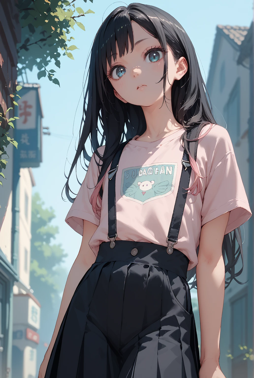  1 girl,  flat chested　Petite　 girl　 black skirt 　 Suspenders　 pink t-shirt 　 long hair　 black hair　School route　spring