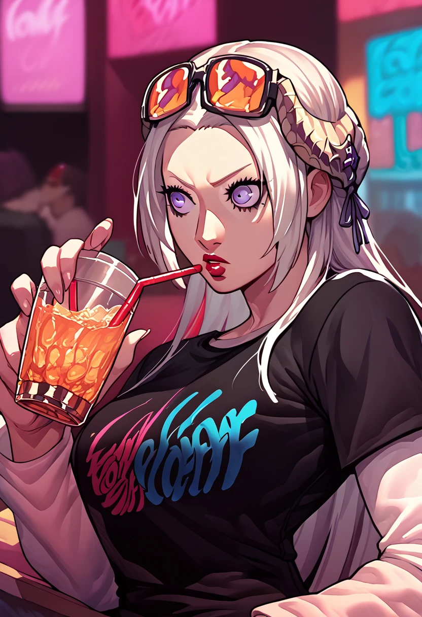 1girl, sunglasses on head, lipstick, black t-shirt, clothes writing, layered sleeves, large breasts, jeans, Edelgard Von Hresvelg, white hair, purple eyes, drink in hand