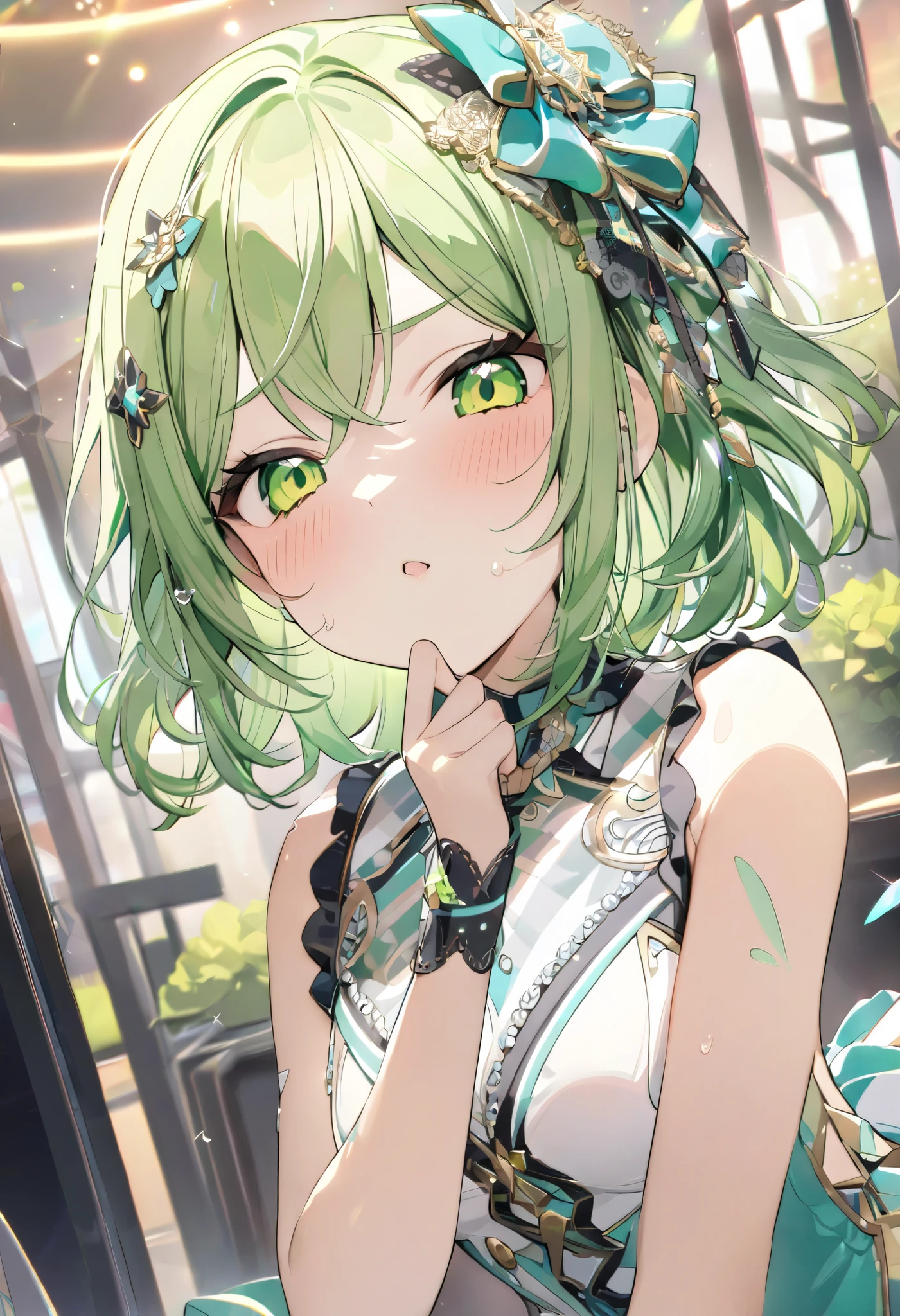 (((Best quality, 8k, Masterpiece: 1.3)), ((best quality)), ((masterpiece)), (detailed), perfect face, perfect body, (detailed skin:1.3), (intricate details), green hair, expressive hair, medium hair, idol