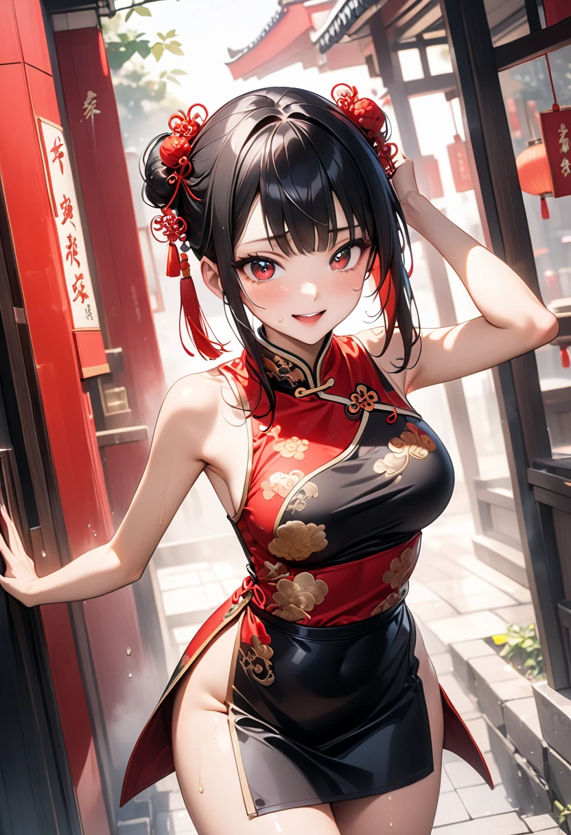 ((cheongsam)), restaurant, absurdres, RAW photo, extremely delicate and beautiful, masterpiece, Best Quality, ultra high resolution, 32k, hyperrealistic, ultra-detailed, detailed description, detailed beautiful face and eyes, tearful mole, earring, full body shot, medium tits,