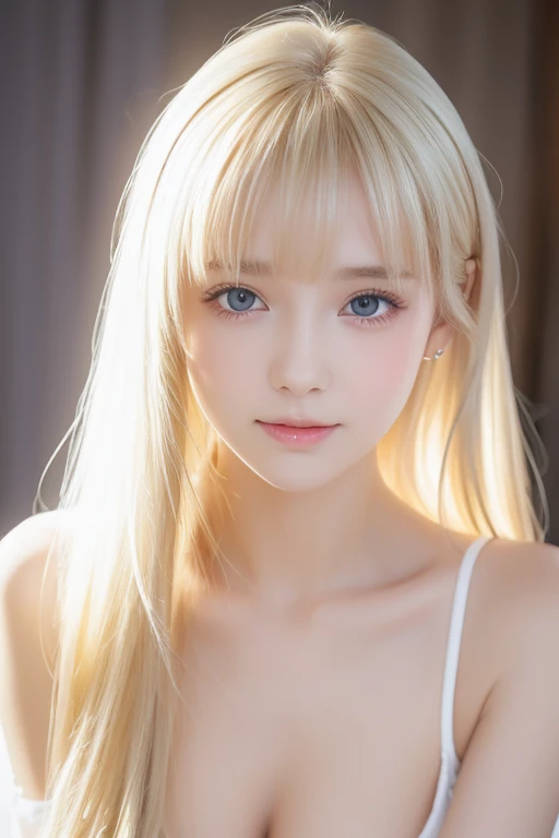  portrait、very white high school girl、Young, white, shiny skin 、Best Looks、Blonde Reflected Light 、 Platinum Blonde Hair with Dazzling Highlights 、 shiny bright hair 、super long silky super long straight hair、Shiny, beautiful bangs、Shining crystal clear and attractive large bright, very bright skylight blue eyes、A lovely young, cute, innocent  girl with a very beautiful innocent appearance 、 raise one arm、Full-bodied Esbian、 beautiful breasts、Small Face Beauty、round face、 bangs over eyes 、Bangs between the eyes、 cheek gloss highlights