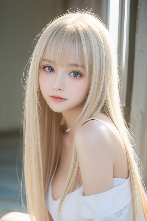  portrait、very white high school girl、Young, white, shiny skin 、Best Looks、Blonde Reflected Light 、 Platinum Blonde Hair with Dazzling Highlights 、 shiny bright hair 、super long silky super long straight hair、Shiny, beautiful bangs、Shining crystal clear and attractive large bright, very bright skylight blue eyes、A lovely young, cute, innocent  girl with a very beautiful innocent appearance 、 raise one arm、Full-bodied Esbian、 beautiful breasts、Small Face Beauty、round face、 bangs over eyes 、Bangs between the eyes、 cheek gloss highlights