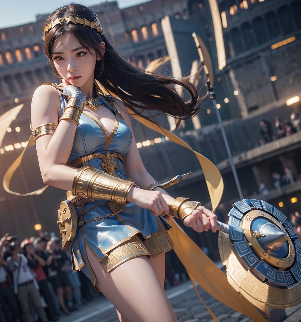 a warrior girl jump off with hand hold a chains from tower, upper down view, energytic, powerfull, bravery