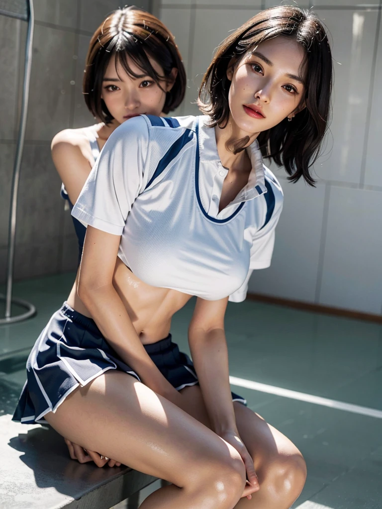 disorganized, RAW photo, very delicate and beautiful, masterpiece, highest quality, ultra high resolution, 16k, surreal, super detailed, perfect anatomy, super dense skin, perfect figure, Highly detailed CG 8k wallpaper, 20's, very slim body, tight waist, very small head, very small face, delicate facial features, tearful mole, earrings, thin legs, (very huge round breasts:1.2), (full body shot:1.1), (1 girl:1), short hair, (wavy hair:1.1), (tennis uniform:1.2), No sleeve, abdomen,