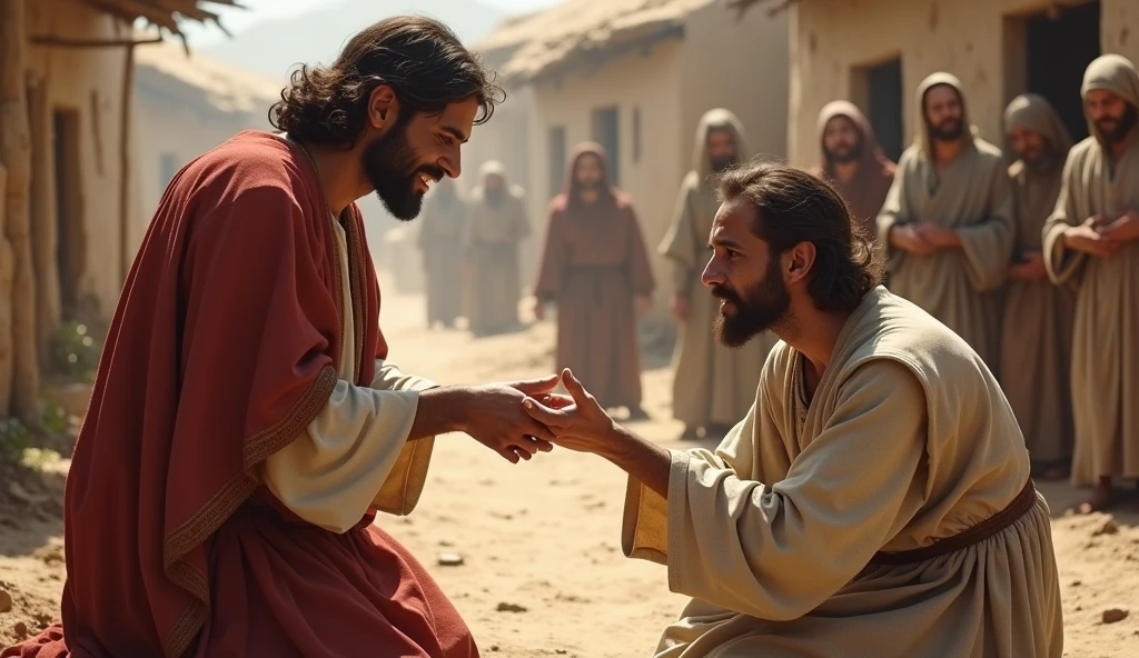 Old Jesus with white hair and white beard is talking to a man in a stone building, A cena mais bonita, bela cena, # Film, fim ainda, cena do Filme live action, cena maravilhosa, Still of a cinematographic and live action, 16384k Filme, Still of the cinematographic and, Jesus bem velho de barba branca e cabelo branco