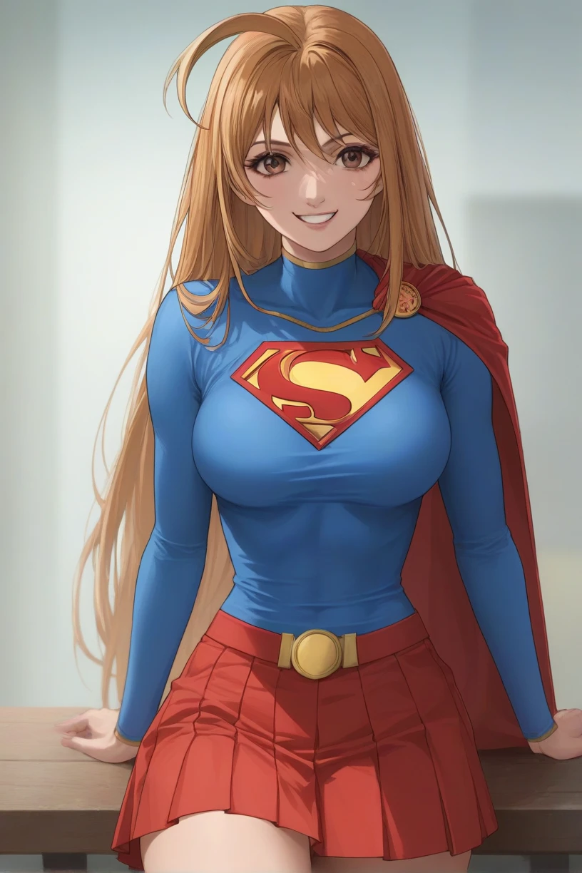 best quality,masterpiece,looking at viewer,absurdres,1girl,score_9,score_8_up,score_7_up,source_anime BREAK natsume aya,orange hair,long hair,brown eyes,ahoge,breasts, large breasts, evil smile, supergirl costume, red skirt, blue shirt, red cape, AYA logo