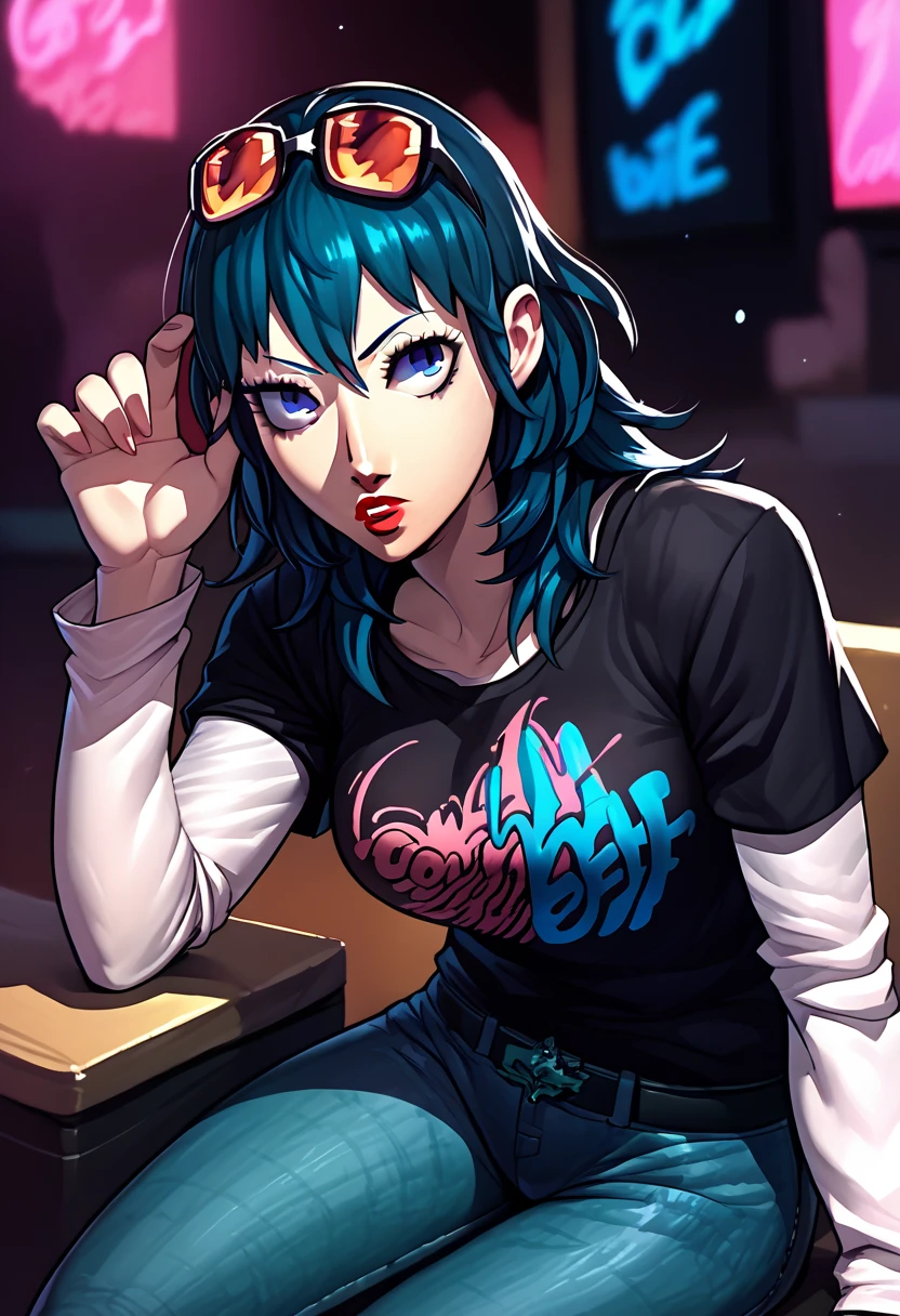 1girl, sunglasses on head, lipstick, black t-shirt, clothes writing, layered sleeves, large breasts, jeans, Byleth, blue hair, blue eyes, 