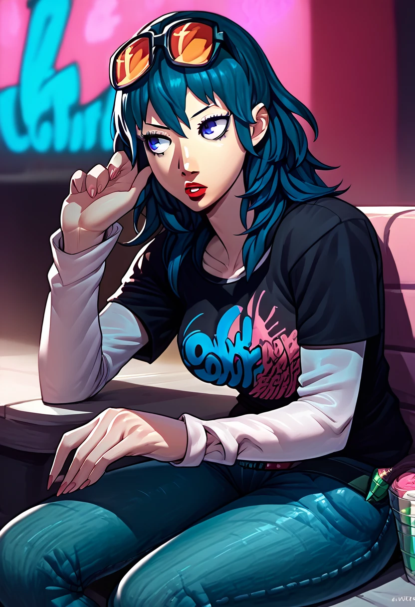 1girl, sunglasses on head, lipstick, black t-shirt, clothes writing, layered sleeves, large breasts, jeans, Byleth, blue hair, blue eyes, 