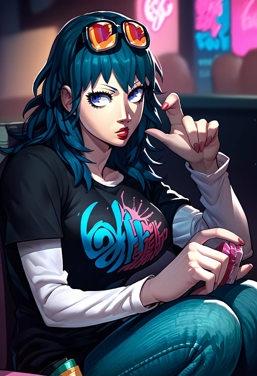 1girl, sunglasses on head, lipstick, black t-shirt, clothes writing, layered sleeves, large breasts, jeans, Byleth, blue hair, blue eyes, 