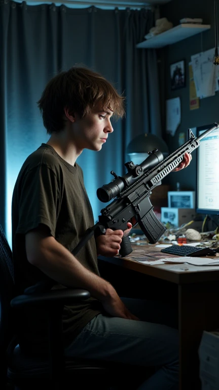 A thin, frail young man with a pale complexion, his short brown hair slightly unkempt. His hollow, withdrawn eyes gaze blankly ahead, holding a Bushmaster XM15-E2S rifle with a firm grip. The glow of the screen in front of him softly illuminates his face, highlighting his narrow features and expressionless demeanor. The room is cluttered with papers, electronics, and signs of isolation, like blackout curtains and scattered items on the desk. The atmosphere feels tense and unsettling, evoking a sense of detachment and inner turmoil.