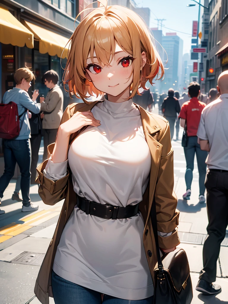 (​masterpiece, top-quality, hight resolution, Unity 8k, extremely details CG:1, Best Picture), Adult Film Actress, arcueid brunestud, blonde hair, (red eyes:1.5), short hair, ahoge, 1girl, Upper body, "A confident and cheerful woman in a bustling urban street casually approaching a man with a friendly smile. She’s dressed in a trendy and slightly casual outfit, such as a stylish jacket, skinny jeans, and sneakers, blending in with the city crowd. Her body language is open and inviting, using relaxed gestures and maintaining direct eye contact as she starts a lighthearted conversation. The scene is set during a sunny afternoon with a lively city atmosphere in the background, such as cafes, street vendors, and passersby. Her tone is playful, clearly aiming to strike up a connection or spark interest purely for social or romantic reasons."