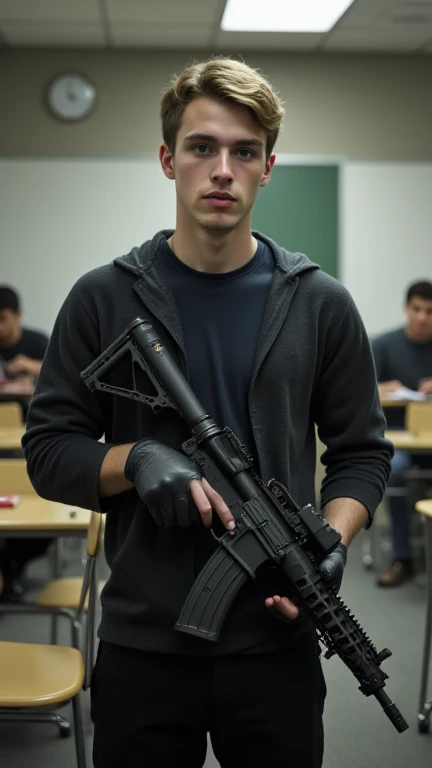 A young man in his early 20s, dressed in dark clothing, with short, unkempt brown hair and a neutral expression. He stands in the middle of an empty classroom, with the Bushmaster XM15-E2S rifle held firmly in his hands. The classroom is quiet, with neatly arranged desks and chairs in the background. Soft lighting from overhead casts a calm tone over the scene, highlighting the contrast between the ordinary setting and the tension created by his presence and the rifle.