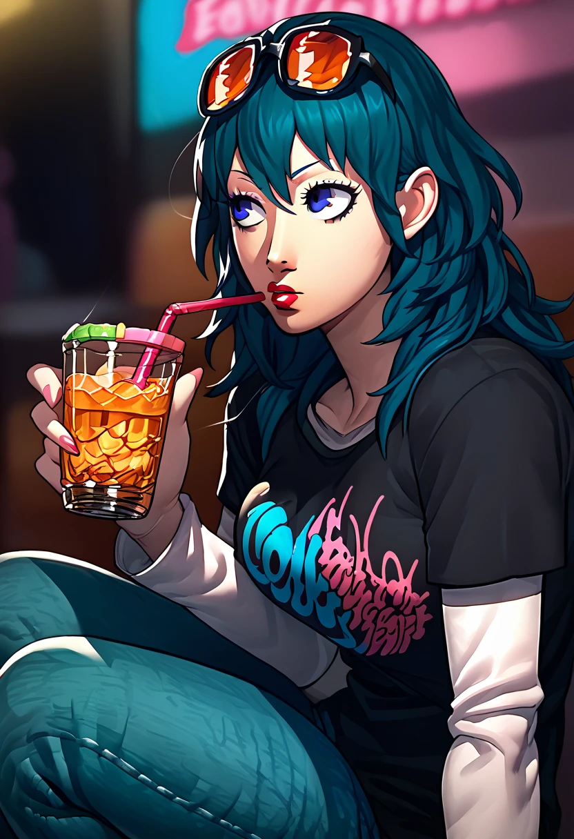 1girl, sunglasses on head, lipstick, black t-shirt, clothes writing, layered sleeves, large breasts, jeans, Byleth, blue hair, blue eyes, drink in hand