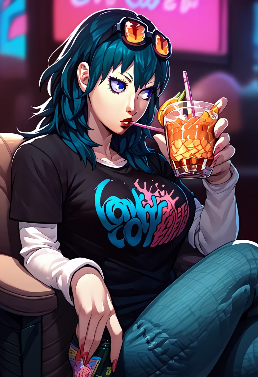 1girl, sunglasses on head, lipstick, black t-shirt, clothes writing, layered sleeves, large breasts, jeans, Byleth, blue hair, blue eyes, drink in hand