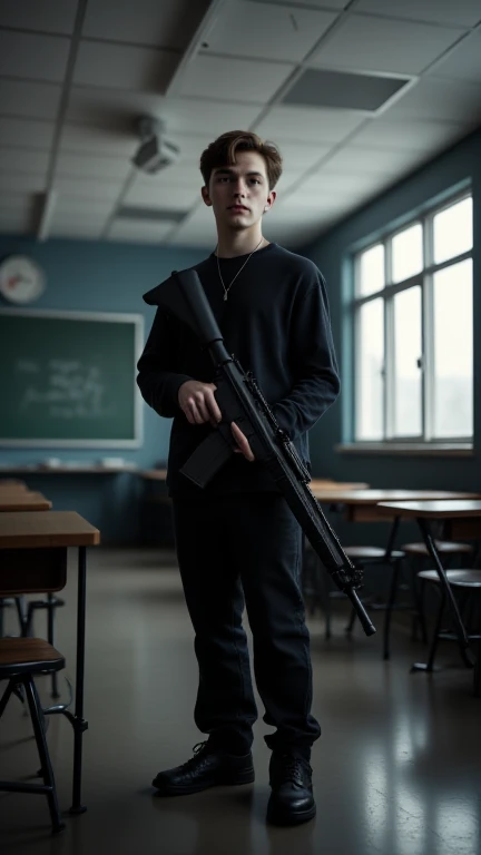 A young man in his early 20s, dressed in dark clothing, holding a semi-automatic rifle at his side in an expressionless stance. His face is pale, with short, unkempt brown hair, and his eyes are vacant, staring ahead with little emotion. The classroom around him is quiet and still, with empty desks and chairs scattered across the floor. The soft glow of classroom lights creates an eerie contrast to the stillness, evoking a sense of isolation and unease.