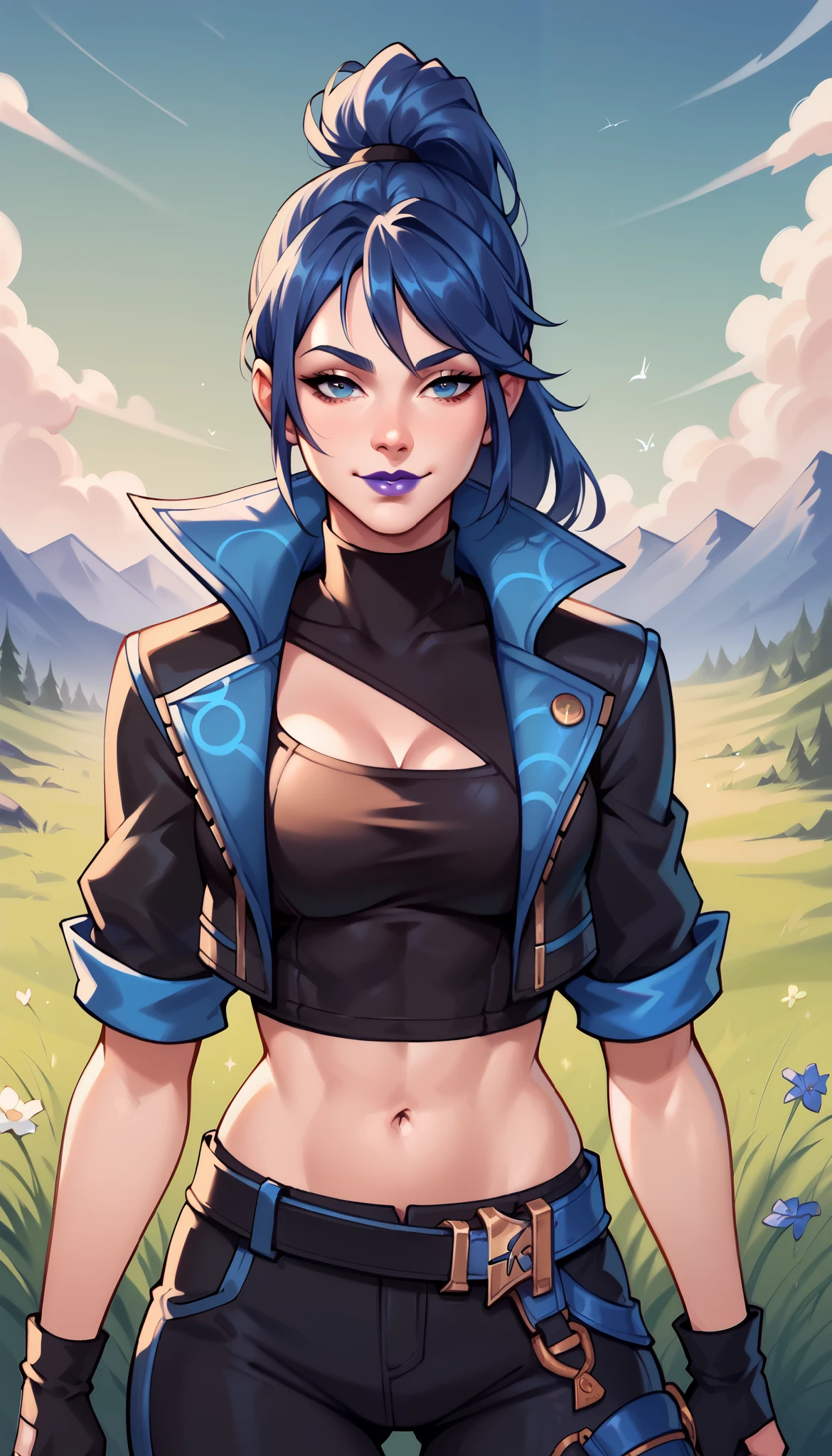 BREAK,  FNHeroHop, blue hair, ponytail, blue eyes, purple lips, open collared jacket, clothing cutout, short sleeves, black turtleneck, midriff, fingerless gloves, grass, seductive smile, standing, looking at viewer,  breasts, 1 girl, solo,