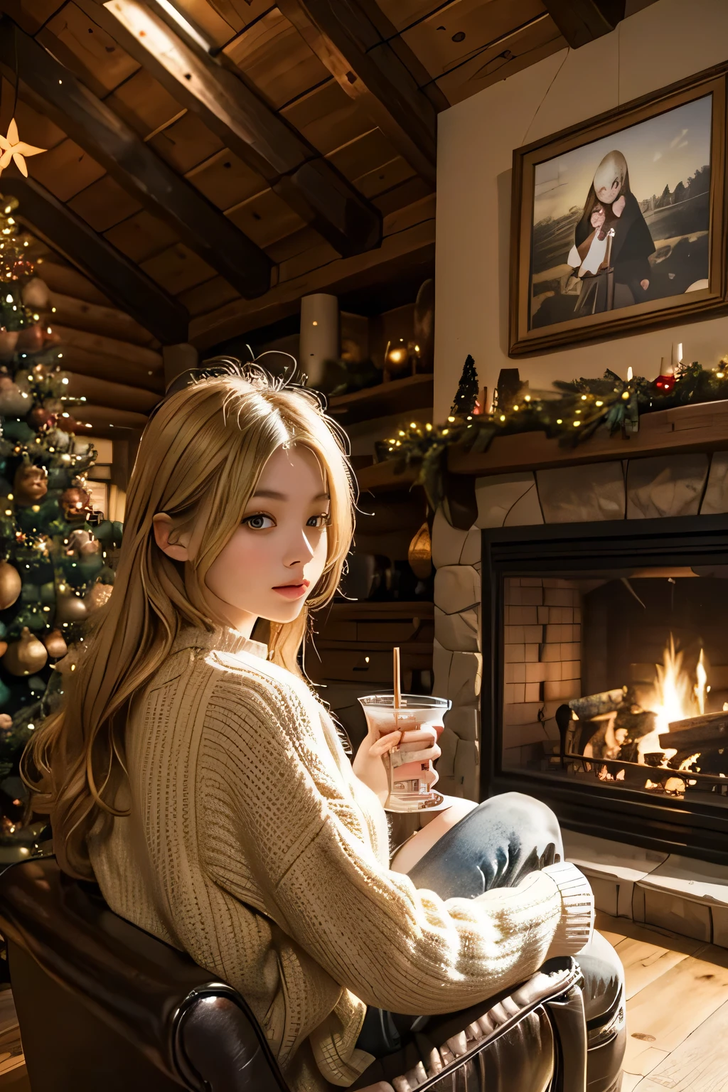 Inside a log house with a fireplace 、 a huge Christmas tree in the living room、  The cutest granddaughter is relaxing in front of the fireplace and looking back at the old man behind her、Focus on granddaughter 、 granddaughter is the cutest、The depiction of a granddaughter is accurate 、My granddaughter is  from Scandinavia、 hair color is blonde 