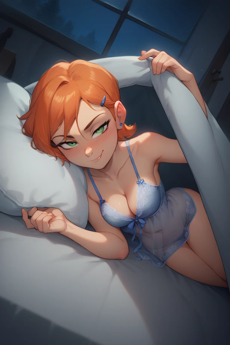 (score_9,score_8_up,score_7_up,), Gwendolyn_Tennyson, cleavage, looking at viewer, bed invitation, on bed, on side, pillow, under covers, dimly light, nightgown, night, windows, bedrrom, naughty face, blush, 