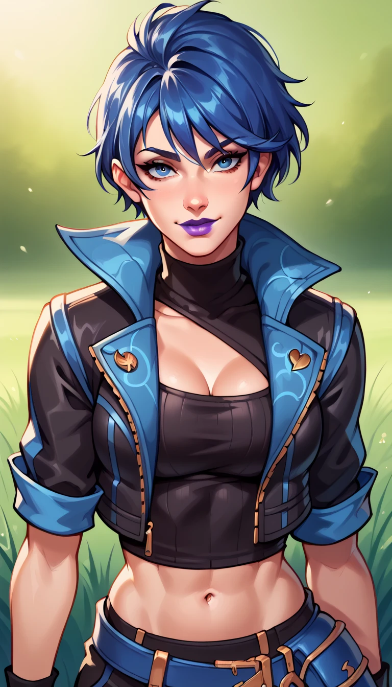 BREAK,  FNHeroHop, blue hair, blue eyes, purple lips, open collared jacket, clothing cutout, short sleeves, black turtleneck, midriff, fingerless gloves, grass, seductive smile, standing, looking at viewer,  breasts, 1 girl, solo,