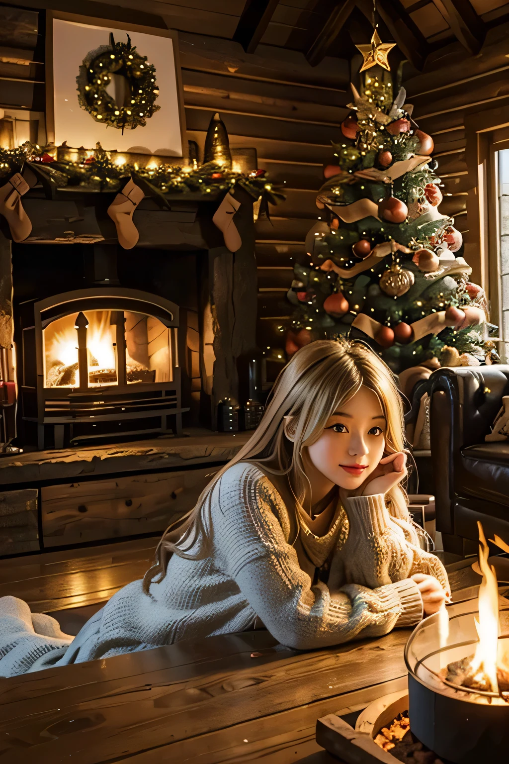 Inside a log house with a fireplace 、 a huge Christmas tree in the living room、  The cutest granddaughter is relaxing in front of the fireplace and looking back at the old man behind her、Focus on granddaughter 、 granddaughter is the cutest、The depiction of a granddaughter is accurate 、My granddaughter is  from Scandinavia、 hair color is blonde 