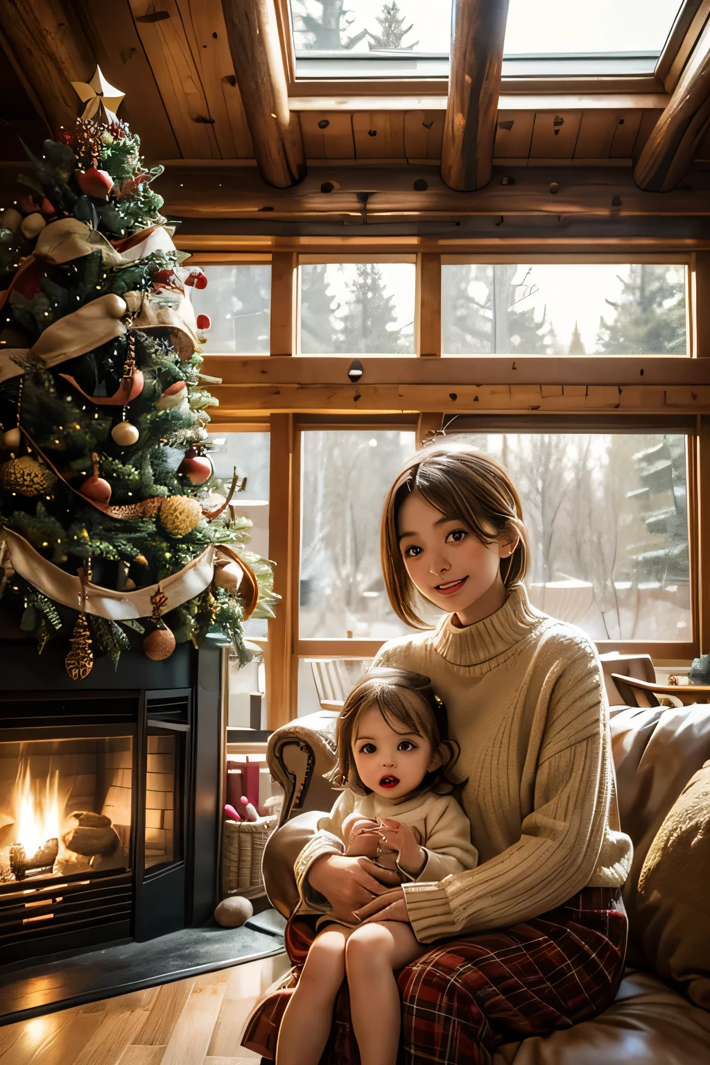 Inside a log house with a fireplace 、 a huge Christmas tree in the living room、  The cutest granddaughter is relaxing in front of the fireplace and looking back at the old man behind her、Focus on granddaughter 、 granddaughter is the cutest、The depiction of a granddaughter is accurate 、My granddaughter is  from Scandinavia、 hair color is blonde 