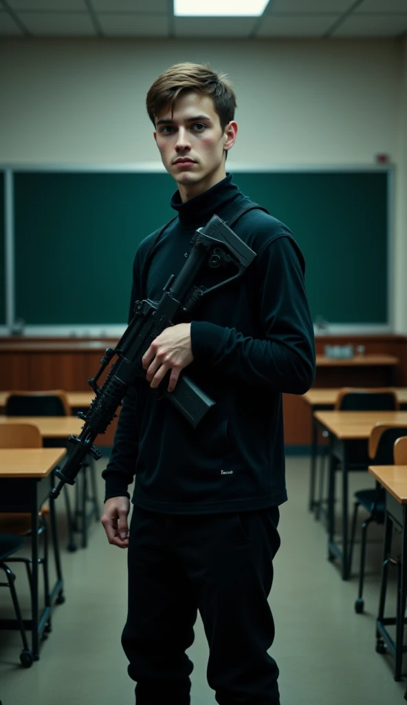 A young man in his early 20s, dressed in dark clothing, holding a semi-automatic rifle at his side in an expressionless stance. His face is pale, with short, unkempt brown hair, and his eyes are vacant, staring ahead with little emotion. The classroom around him is quiet and still, with empty desks and chairs scattered across the floor. The soft glow of classroom lights creates an eerie contrast to the stillness, evoking a sense of isolation and unease.