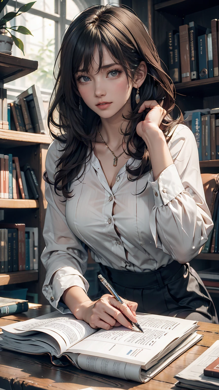 (masterpiece, best quality), 1 girl, curvaceous perfect body, nice breasts, wavy hair, hairband, glasses, printed blouse, pleated skirt, bracelet, necklace, library, natural lighting, standing pose, contrapposto, morning