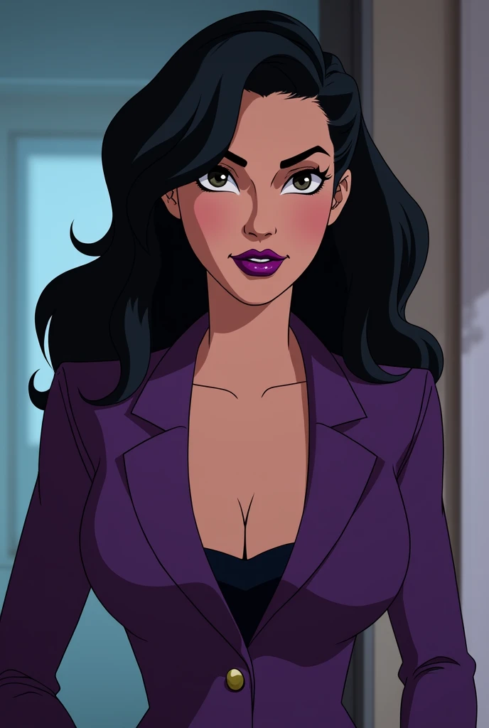 princess with black skin with long black hair, wearing a purple dress, cleavage, wearing red lipstick, black skin